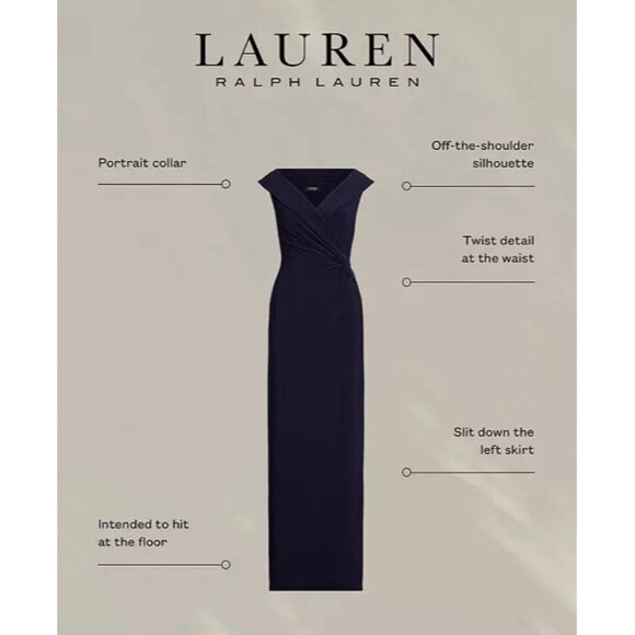 Lauren Ralph Lauren Column Gown Size 12 Black Off Shoulder Side Slit Dress NEW - Picture 4 of 14